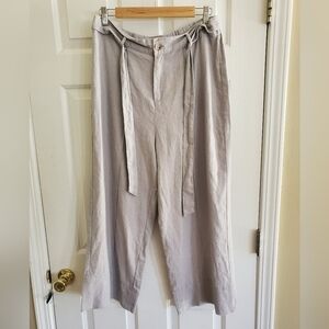 Joie Linen Blend Gray Wide Leg Pants Size L Tie Elastic Waist Pockets